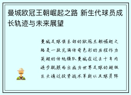 曼城欧冠王朝崛起之路 新生代球员成长轨迹与未来展望